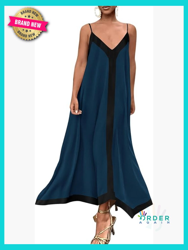 Spaghetti Strap Maxi Dress V Neck Flowy Elegant Party Beach Vacation Sundress